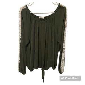 Paper+Tee Blouse Olive Cropped Top Crochet Embroidery Long Sleeve Women’s Fall